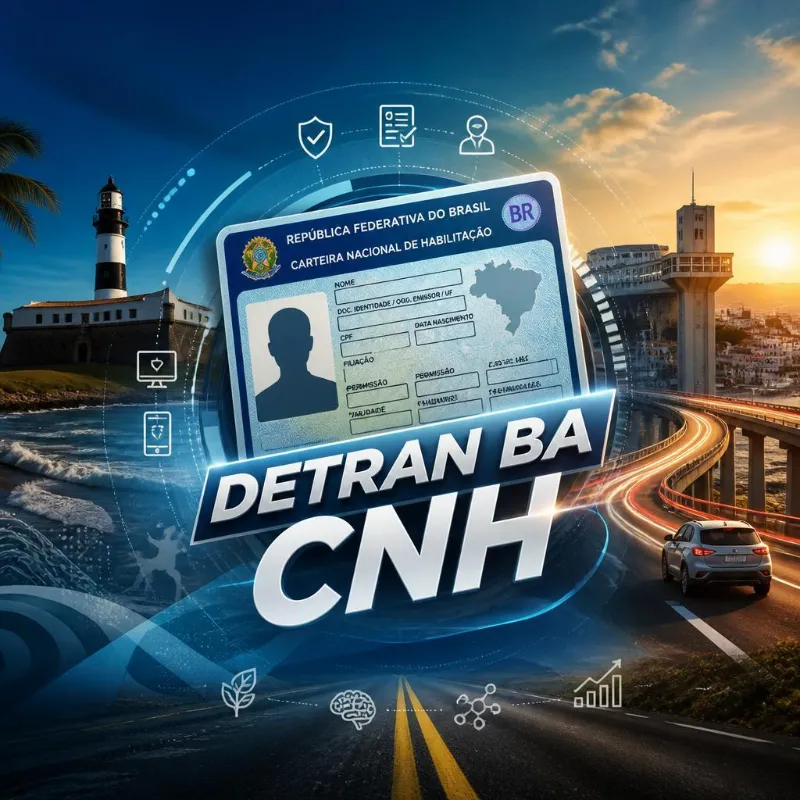 Ilustração da CNH brasileira sobre fundo com pontos turísticos baianos.