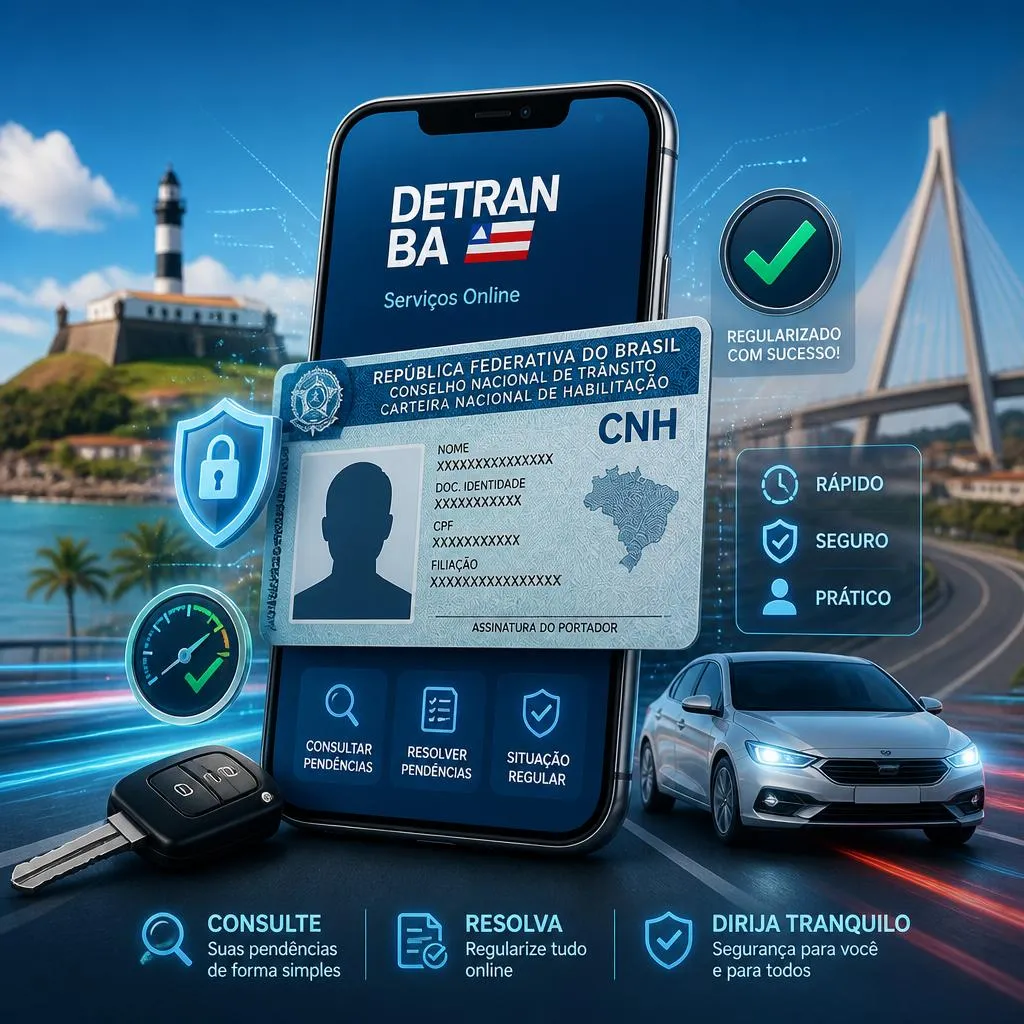 Smartphone exibindo aplicativo do Detran-BA e CNH digital flutuante.