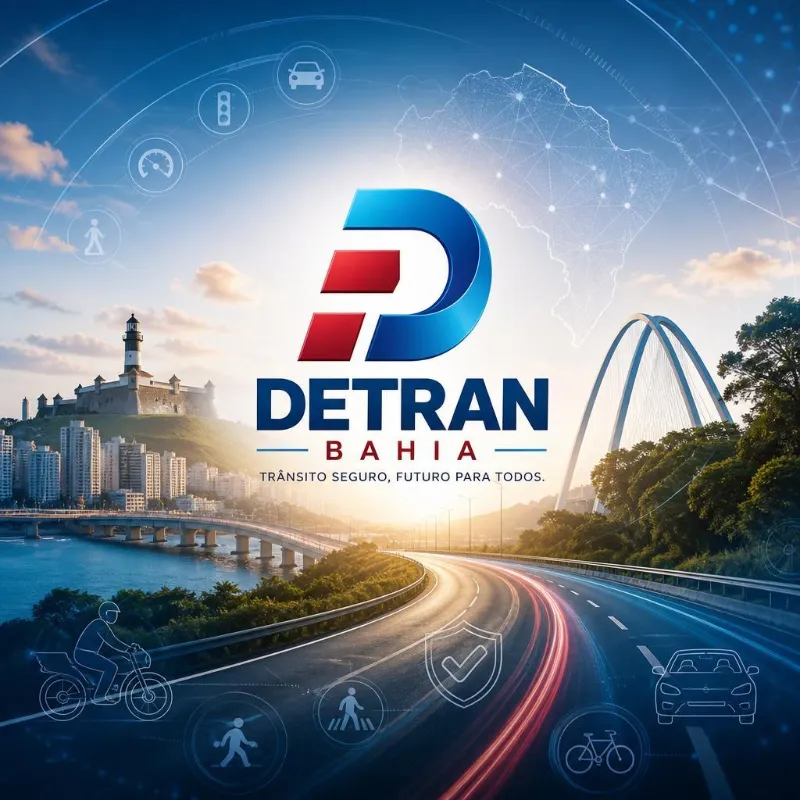 Logotipo DETRAN Bahia centralizado sobre uma rodovia e marcos soteropolitanos.