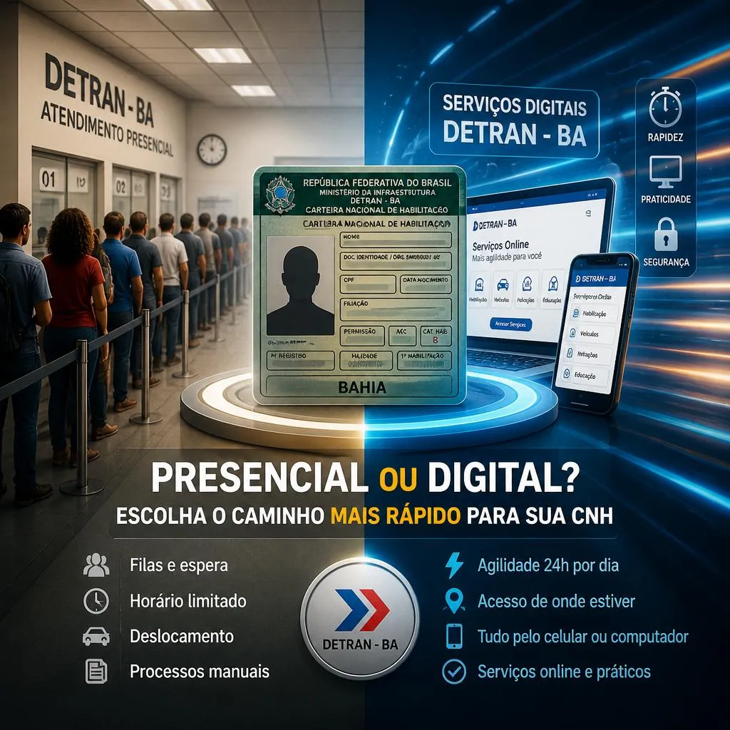 Comparativo entre atendimento presencial e digital do DETRAN-BA para CNH.