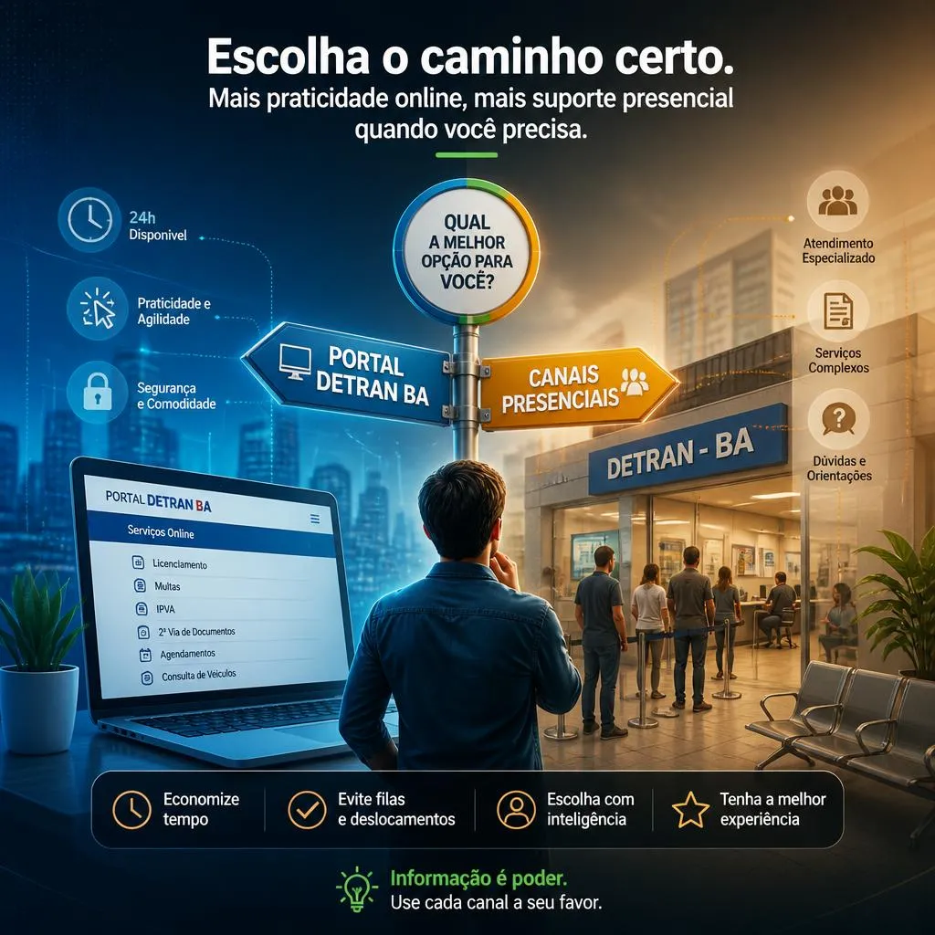 Infográfico do DETRAN-BA comparando atendimento online e presencial.