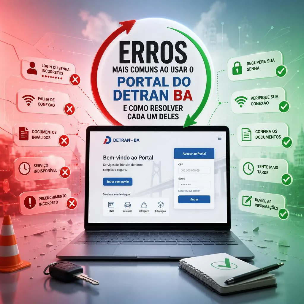 Infográfico sobre erros comuns no portal Detran-BA e soluções.