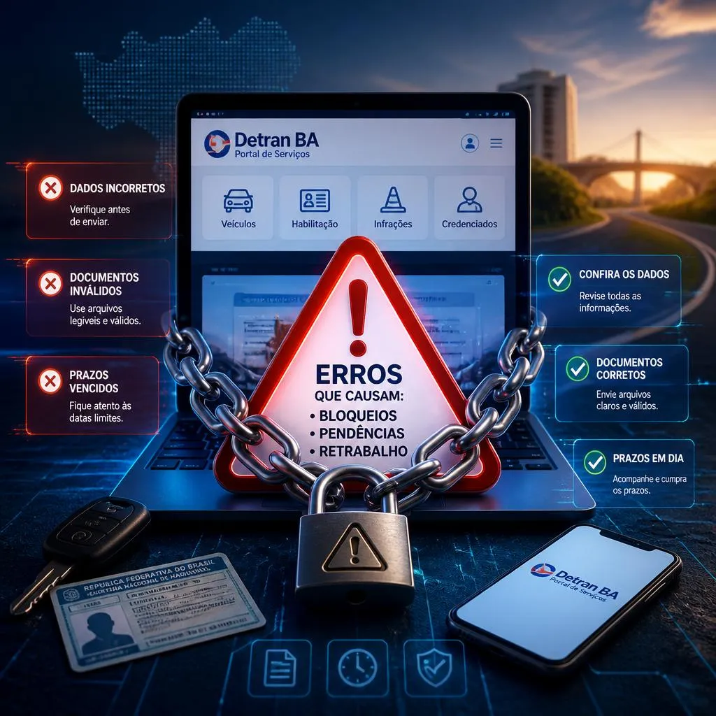 Infográfico do Detran BA sobre prevenção de erros e bloqueios.