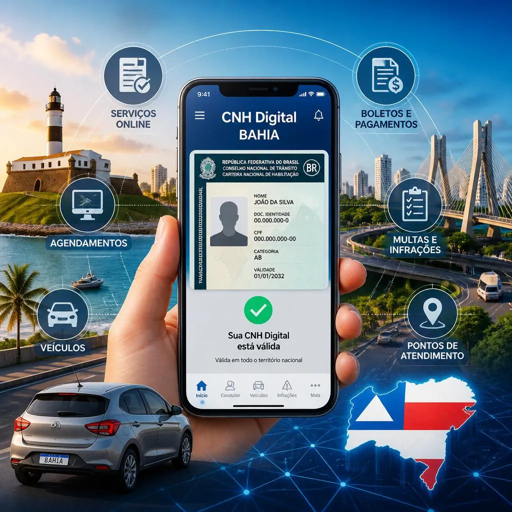Mão segurando celular com CNH Digital Bahia e pontos turísticos.