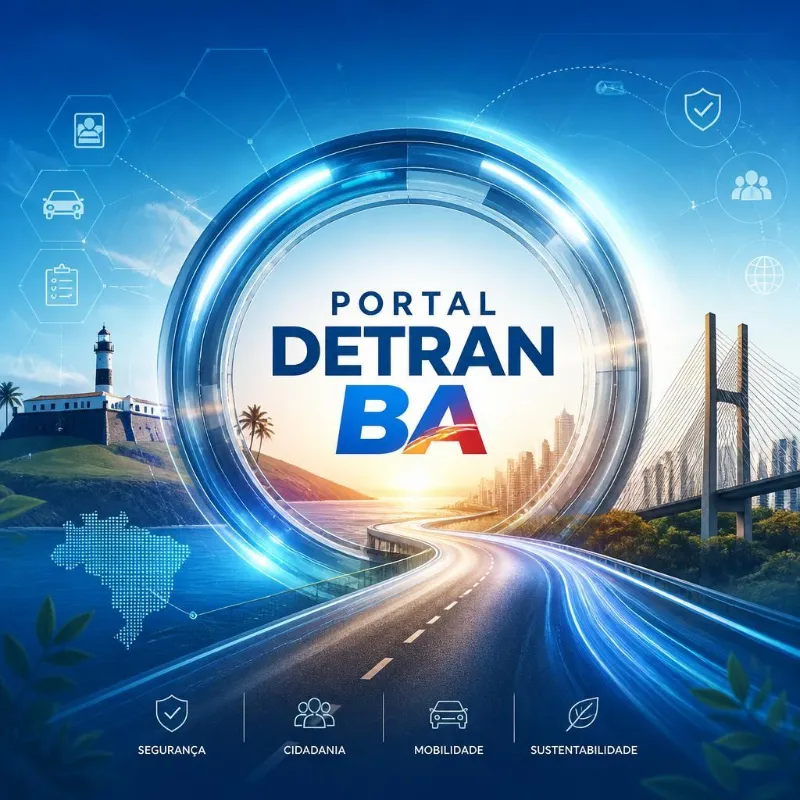 Logotipo do Portal DETRAN BA dentro de um círculo tecnológico.