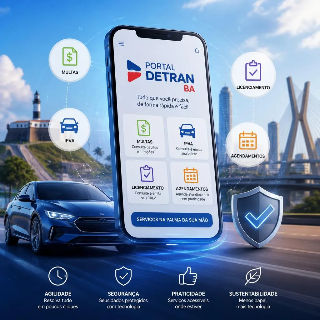 Smartphone exibindo o aplicativo Portal DETRAN BA em ambiente urbano.