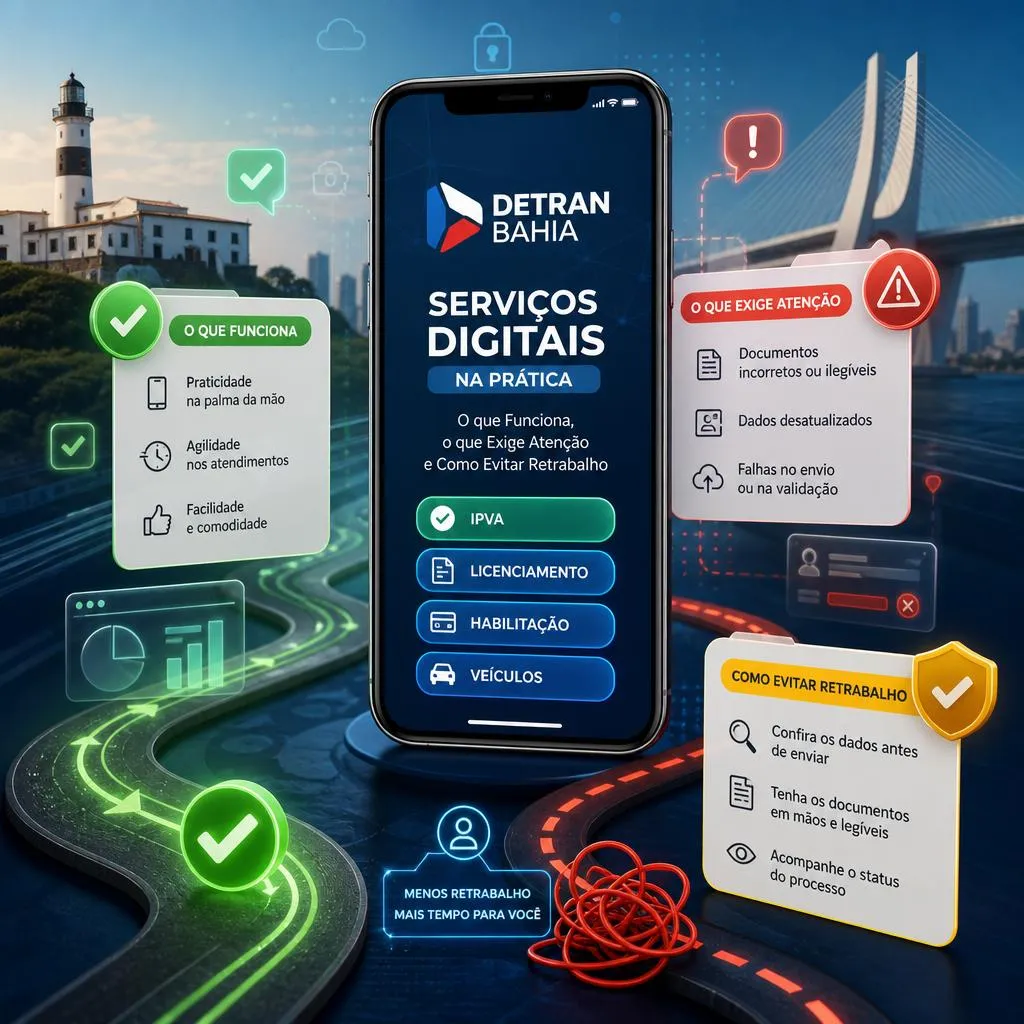 Smartphone exibindo serviços digitais do DETRAN Bahia com infográficos informativos.