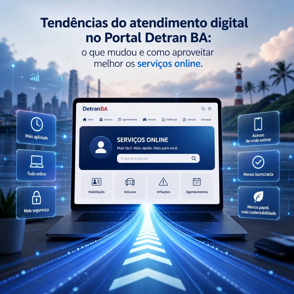 Laptop exibindo o portal de serviços online do Detran BA.